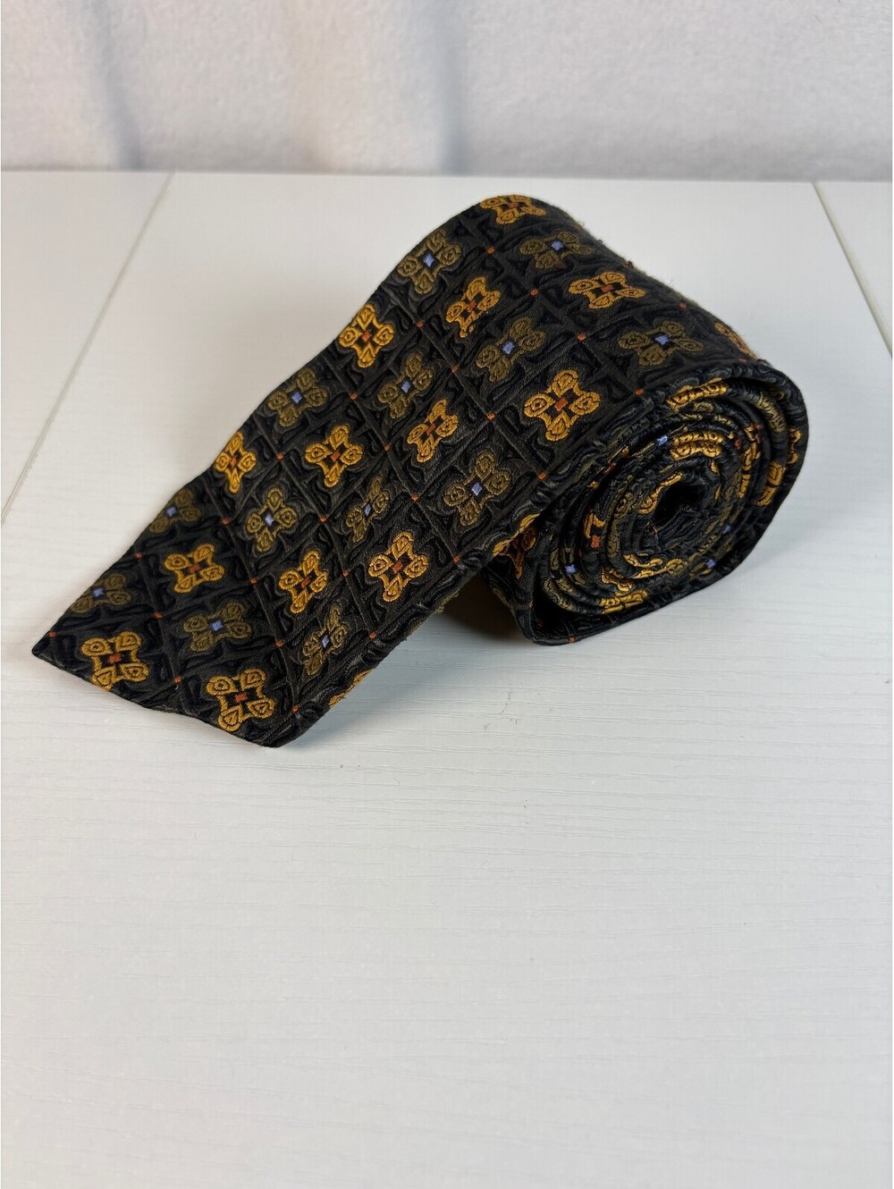 JZ Richards for Nordstrom Mens Silk Tie Black Gold Medallion Geometric Jacquard